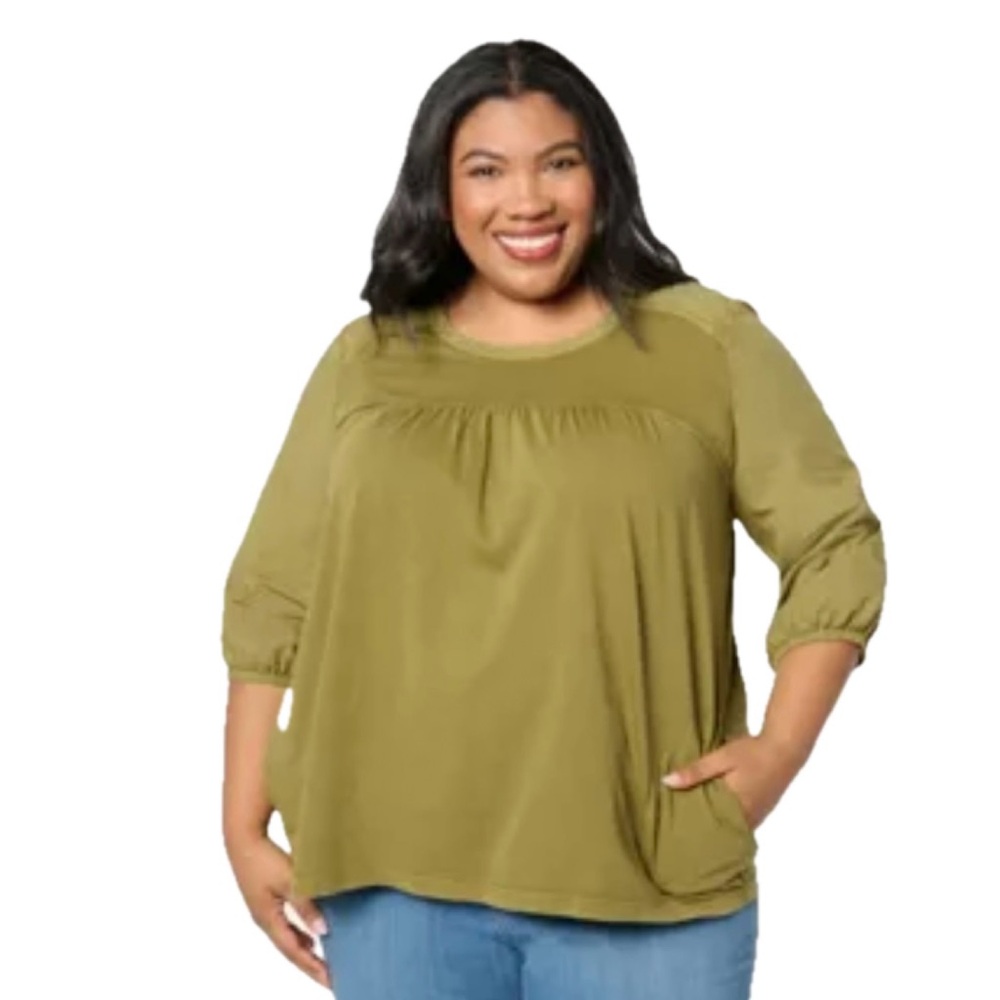 LOGO by Lori Goldstein Green 3/4-Sleeve Crewneck Sun Faded Blouse. Size L. NWT